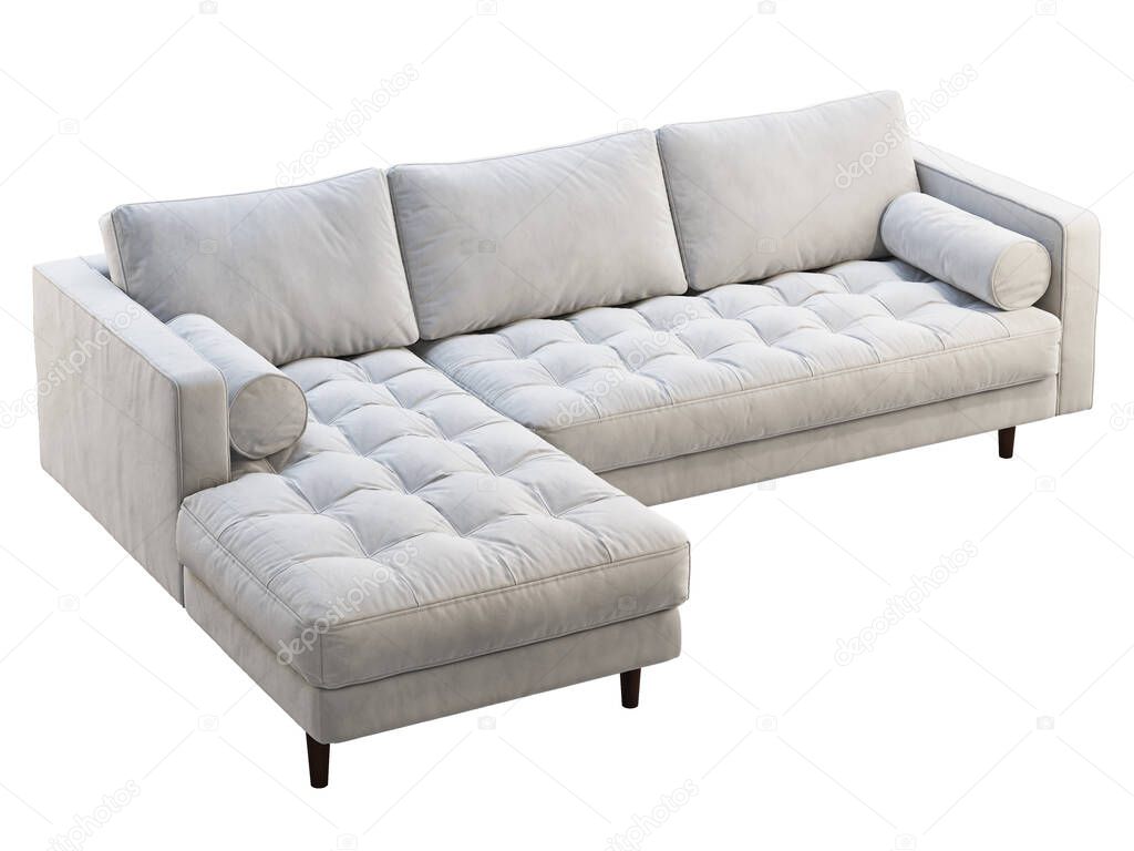Mid-century corner white velvet upholstery sofa with chaise lounge. 3d render.