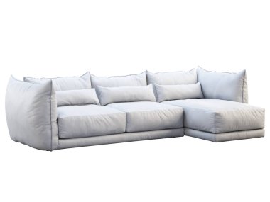 Modern beyaz, üç koltuklu köşe deri kanepe. 3d hazırlayıcı
