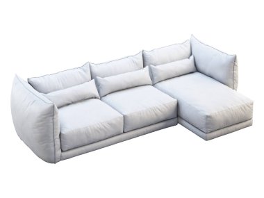 Modern beyaz, üç koltuklu köşe deri kanepe. 3d hazırlayıcı