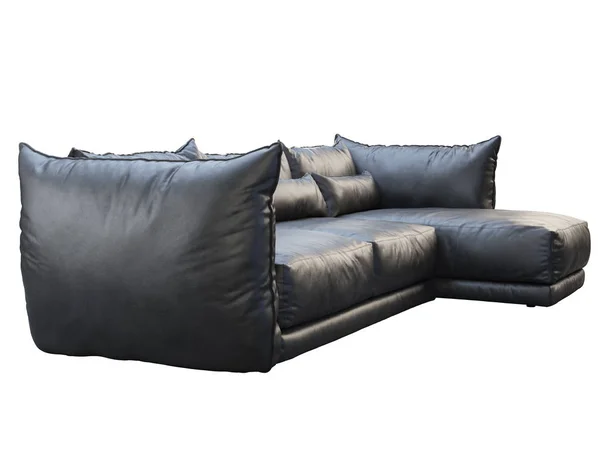Sofá moderno de cuero de esquina negro de tres asientos. 3d renderizar — Foto de Stock