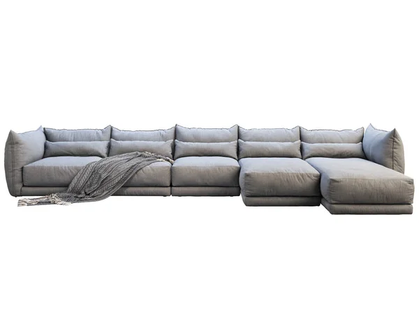 Moderní obrovské šedé rohové tkaniny pohovka s lehátko salonek. 3D vykreslení — Stock fotografie
