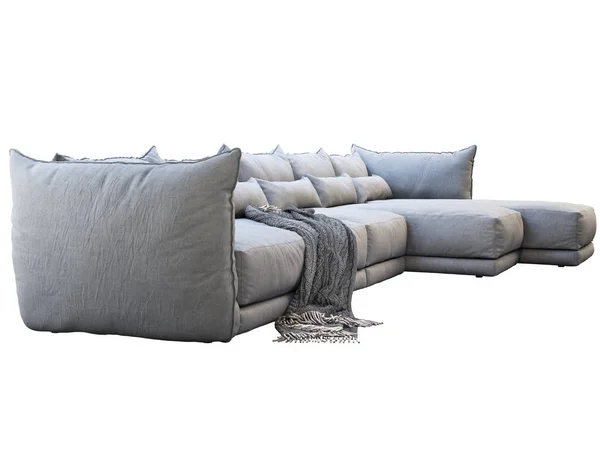 Μοντέρνος τεράστιος γκρι γωνιακός υφασμάτινος καναπές με σεζλόνγκ. 3d απόδοση — Φωτογραφία Αρχείου