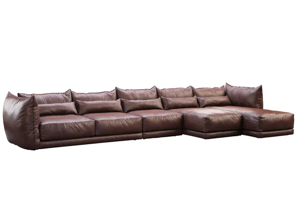 Μοντέρνο τεράστιο καφέ γωνία δερμάτινο καναπέ με σεζλόνγκ σαλόνι. 3d απόδοση — Φωτογραφία Αρχείου