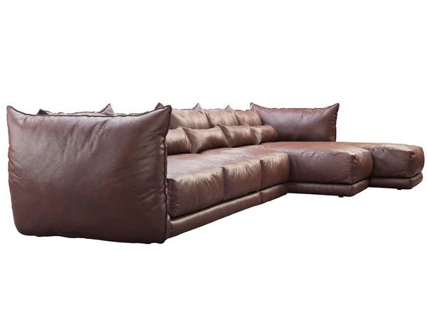 Modernes großes braunes Eckledersofa mit Chaiselongue. 3D-Darstellung — Stockfoto