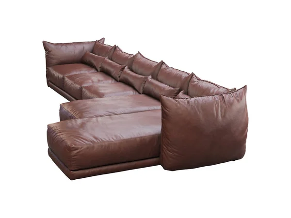 Moderno sofá de cuero de esquina marrón enorme con chaise lounge. 3d renderizar —  Fotos de Stock