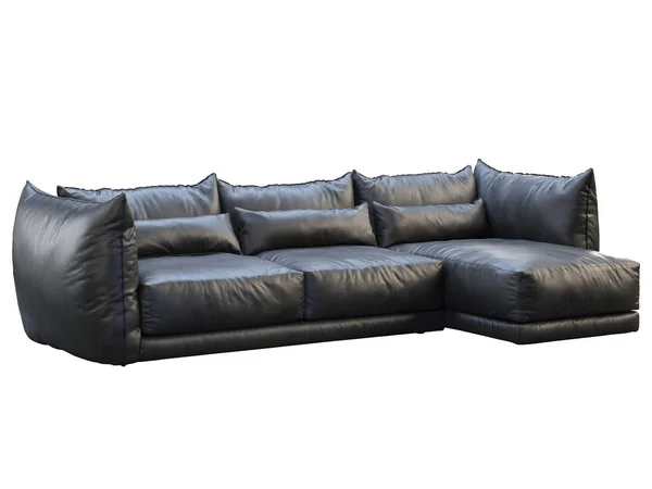 Μοντέρνος μαύρος τριθέσιος δερμάτινος καναπές. 3d απόδοση — Φωτογραφία Αρχείου