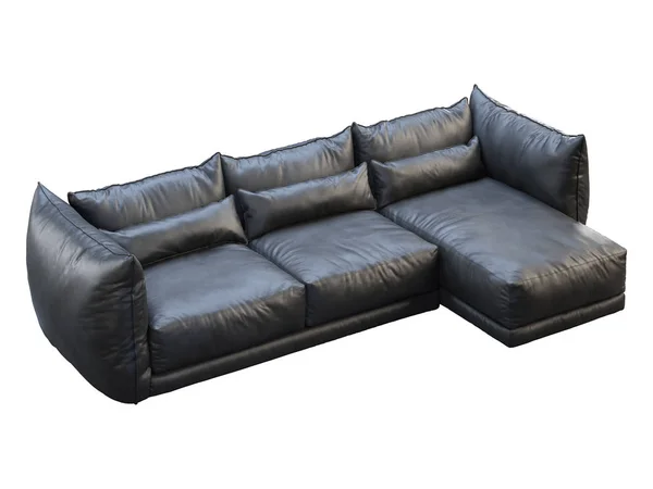 Modernes schwarzes Eckledersofa mit drei Sitzen. 3D-Darstellung — Stockfoto