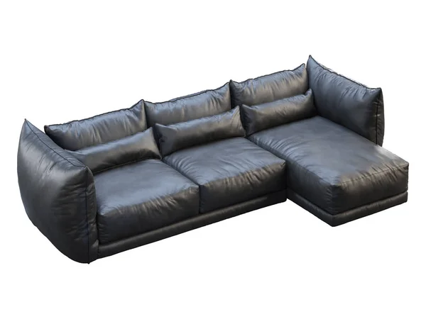 Modern black three-seat corner leather sofa. 3d render — ストック写真