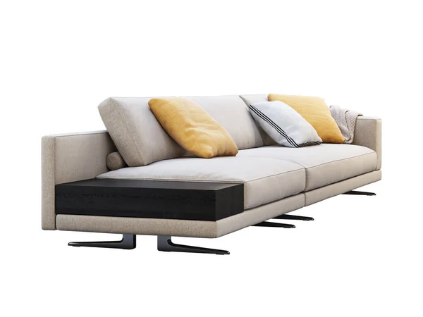 Sofá modular de tecido bege moderno com almofadas e mesa de café. Renderização 3d — Fotografia de Stock
