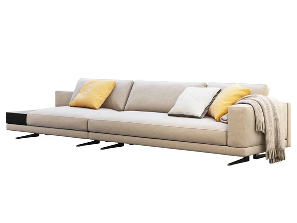 Modern beige fabric modular sofa with pillows and coffee table. 3d render