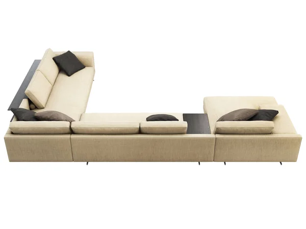 枕とコーヒーテーブル付きのモダンなベージュ生地のコーナーソファ。3Dレンダリング — ストック写真