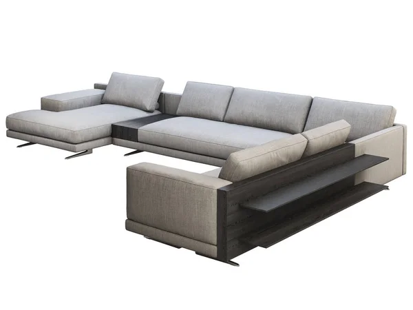 Sofá moderno de esquina de tela gris con mesa de centro y estantería. 3d renderizar — Foto de Stock