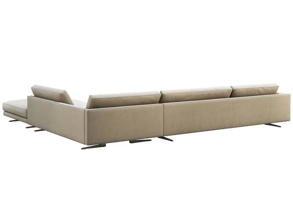 Современный угловой диван из серой ткани с подушками и вязаной клеткой. 3D рендеринг — стоковое фото