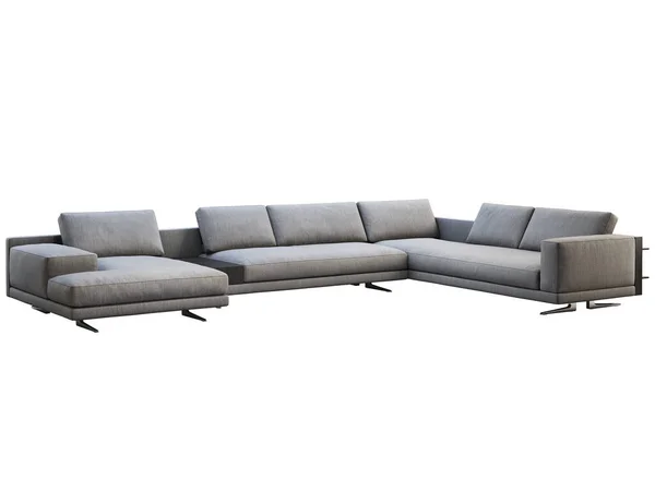 Modern gray fabric corner sofa with coffee table and bookshelf. 3d render — Stock Photo, Image