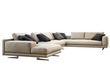 Modern bej kumaş köşeli kanepe, yastıklar ve kahve masası. 3d hazırlayıcı