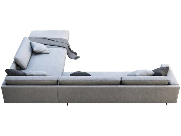 Canapé d'angle en tissu gris moderne avec oreillers et plaid tricoté. 3d rendu — Photo