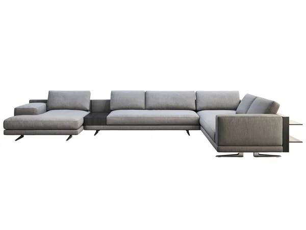 Divano angolare moderno in tessuto grigio con tavolino e libreria. rendering 3d — Foto Stock