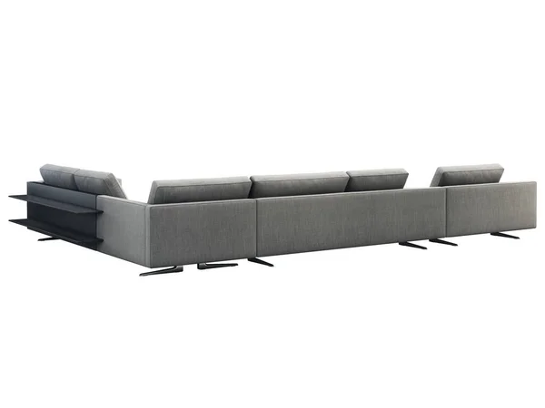 Sofá de canto de tecido cinza moderno com mesa de café e estante. Renderização 3d — Fotografia de Stock