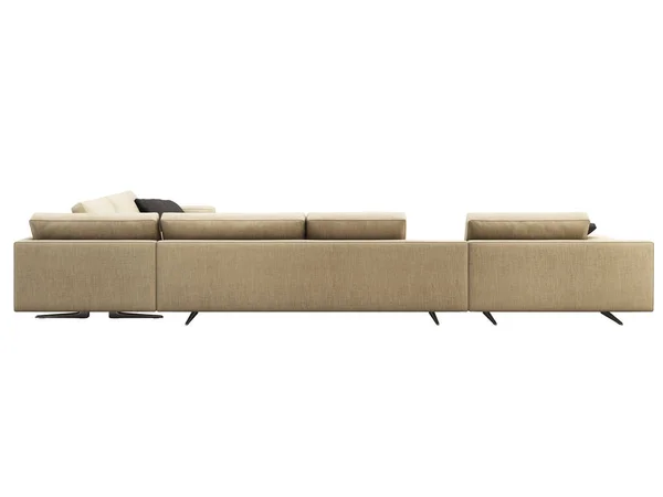 Canapé d'angle en tissu beige moderne avec oreillers et table basse. 3d rendu — Photo