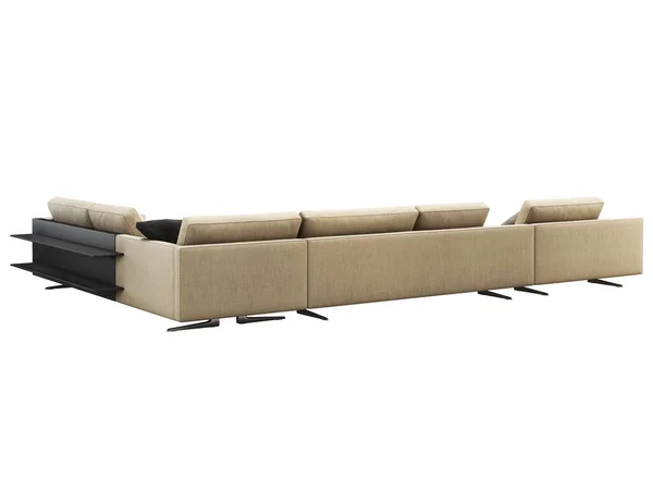 Sofá moderno de esquina de tela beige con almohadas y mesa de centro. 3d renderizar —  Fotos de Stock