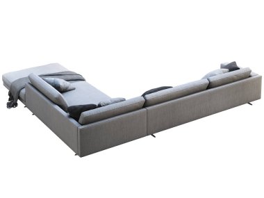 Yastıklı ve ekose örülü modern gri kumaş köşe kanepe. 3d hazırlayıcı