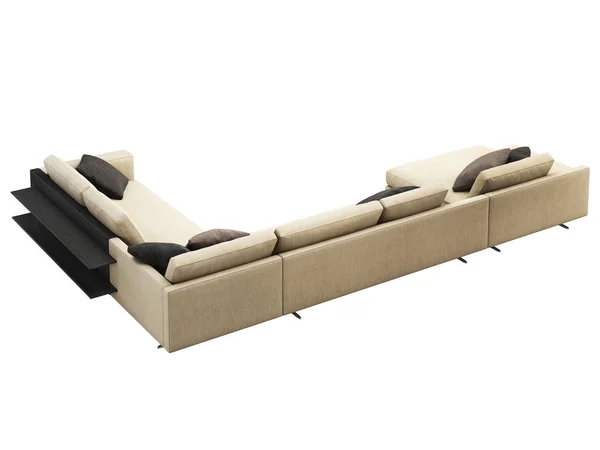 Sofa sudut kain krem modern dengan bantal dan meja kopi. render 3d — Stok Foto