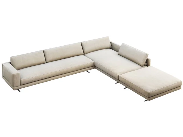 Современный угловой диван из серой ткани с подушками и вязаной клеткой. 3D рендеринг — стоковое фото