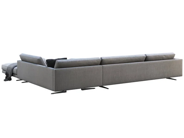 Modernes graues Stoffecksofa mit Kissen und Strickkarierten. 3D-Darstellung — Stockfoto