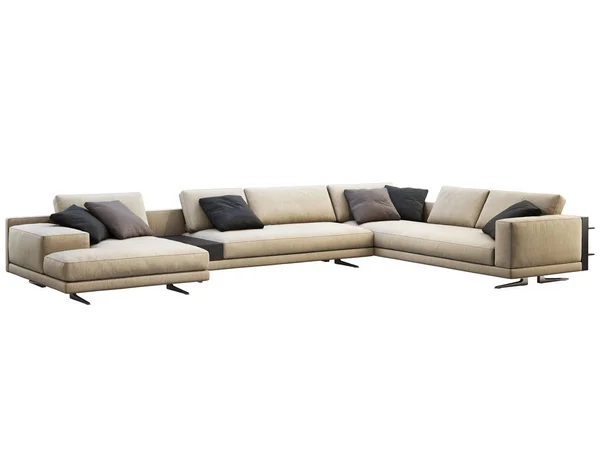 Nowoczesna, beżowa kanapa narożna z poduszkami i stołem do kawy. 3d renderowanie — Zdjęcie stockowe