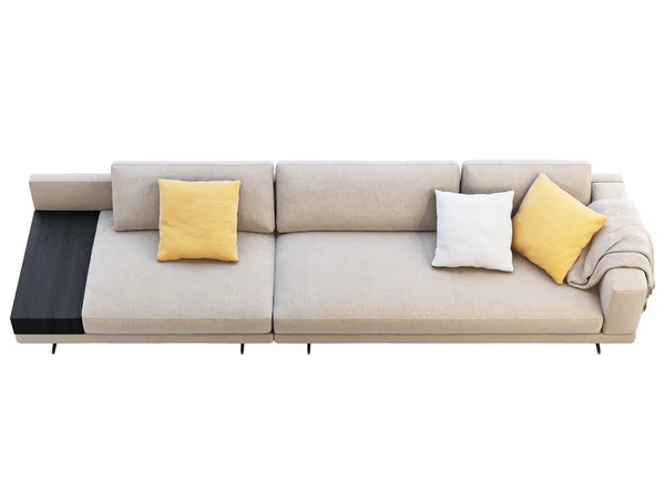 枕とコーヒーテーブル付きのモダンなベージュ生地モジュラーソファ。3Dレンダリング — ストック写真