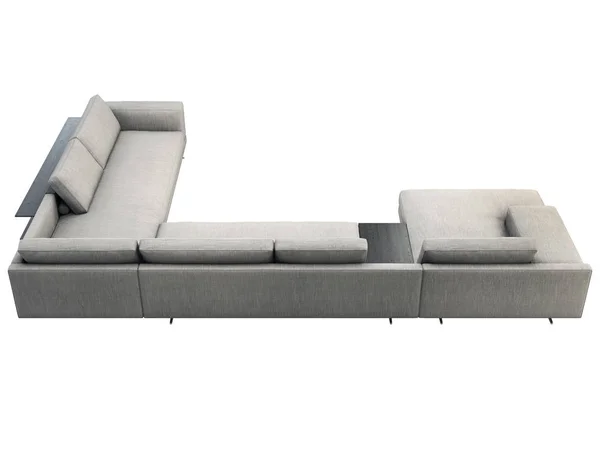 Sofa sudut kain abu-abu modern dengan meja kopi dan rak buku. render 3d — Stok Foto