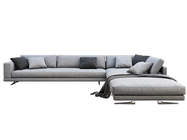 Modernes graues Stoffecksofa mit Kissen und Strickkarierten. 3D-Darstellung — Stockfoto