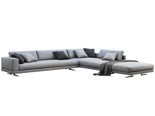 Сучасний сірий тканинний кутовий диван з подушками та в'язаним пледом. 3d візуалізація — стокове фото