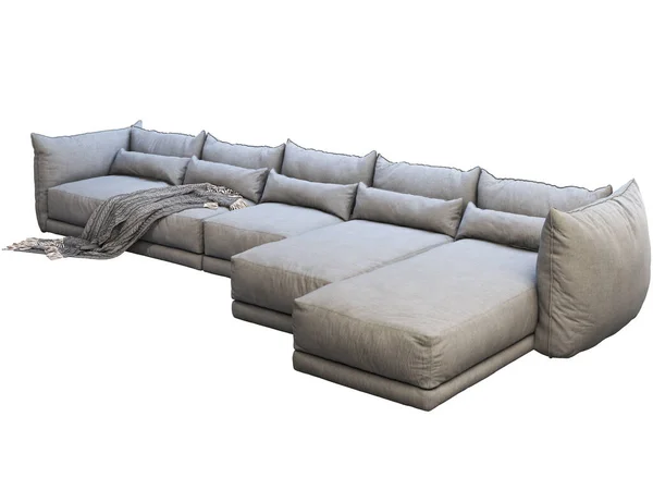 Modern stor grå hörn tyg soffa med schäslong lounge. 3D-återgivning — Stockfoto