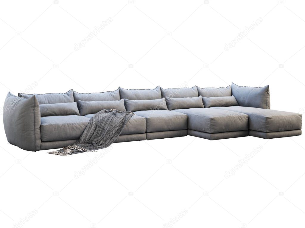 Modern huge gray corner fabric sofa with chaise lounge. 3d render