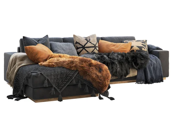 Chalet de tres asientos de terciopelo negro sofá de tapicería con almohadas y pieles. 3d renderizar . — Foto de Stock