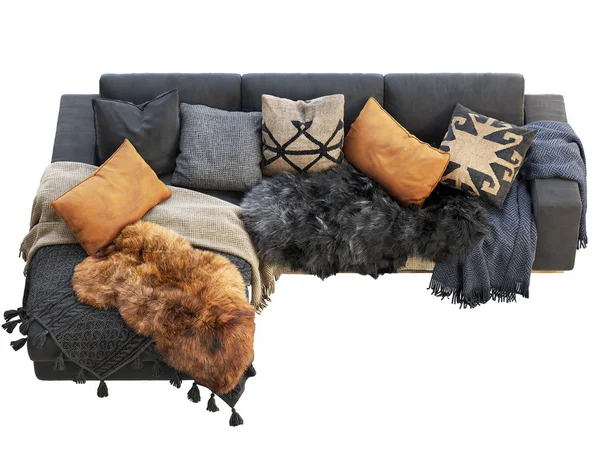 Chalet de tres asientos de terciopelo negro sofá de tapicería con almohadas y pieles. 3d renderizar . — Foto de Stock