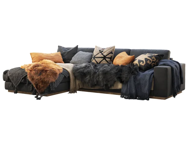 Шале трьохмісний чорний оксамитовий оббивний диван з подушками та тазами. 3d візуалізація . — стокове фото