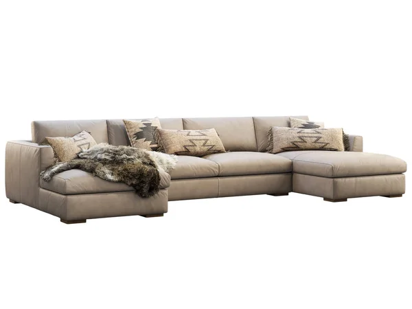Шале модульний бежевий шкіряний оббивний диван з подушками та тазами. 3d візуалізація . — стокове фото