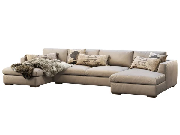 Chalet modular beige leather upholstery sofa with pillows and pelts. 3d render.