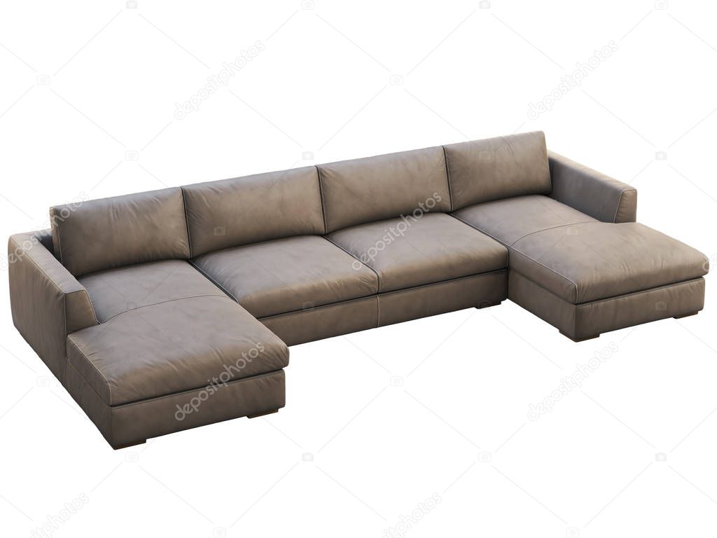 Chalet modular brown leather upholstery sofa with chaise lounge. 3d render.