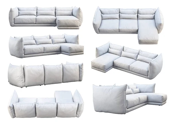 Modern beyaz, üç koltuklu köşe deri kanepe. 3 boyutlu görüntüleme. Kolaj. Mobilya koleksiyonu — Stok fotoğraf