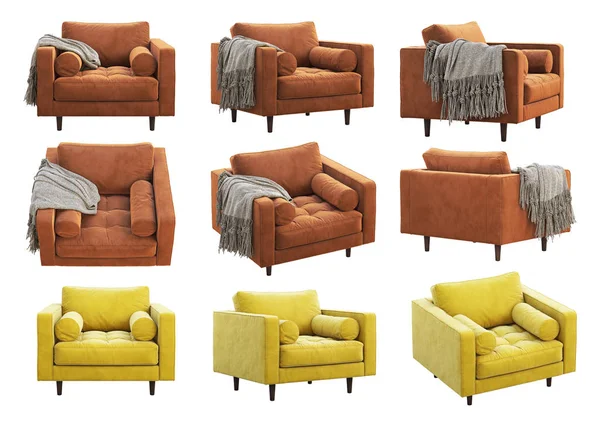 Mid-century terracotta and yellow velvet upholstery armchair. 3d render. Collage. Furniture collection