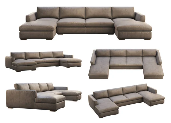 Шале модульний коричневий шкіряний оббивний диван з шезлонгом. 3D рендеринг. Колаж. Колекція меблів — стокове фото