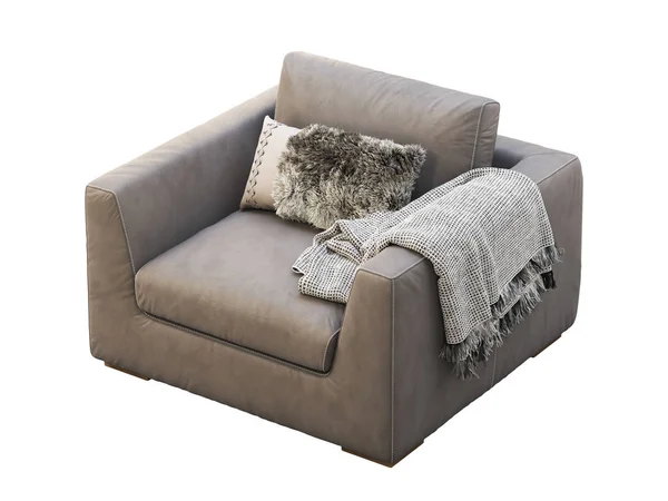 Brązowy skórzany fotel tapicerski z poduszką i kratą. 3d renderowanie. — Zdjęcie stockowe