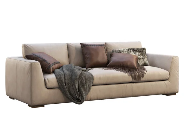 Chalet beige leather upholstery sofa with pillows and plaid. 3d render. — Stockfoto