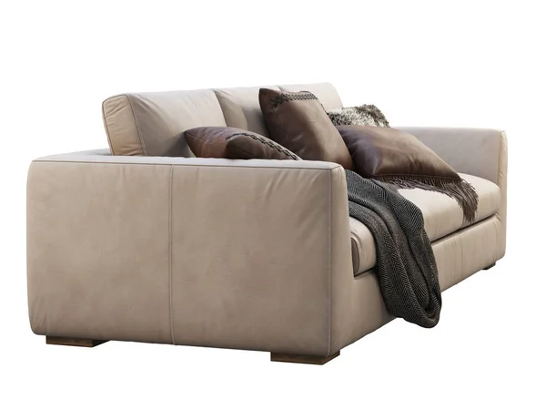 Σαλέ μπεζ δερμάτινος καναπές ταπετσαρίας με μαξιλάρια και καρό. 3d απόδοση. — Φωτογραφία Αρχείου