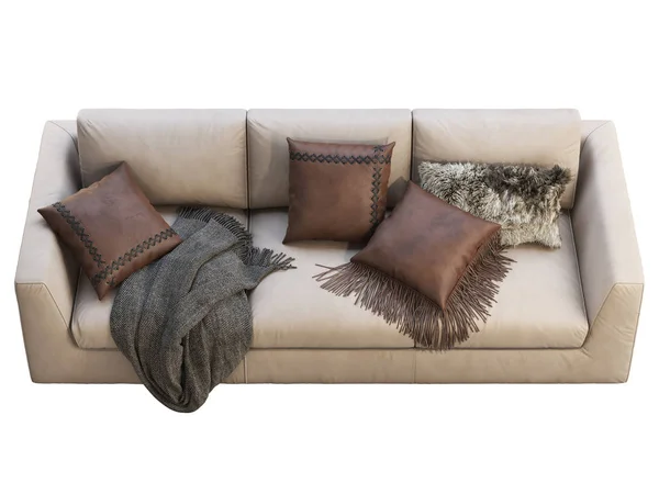 Chalet beige leather upholstery sofa with pillows and plaid. 3d render.