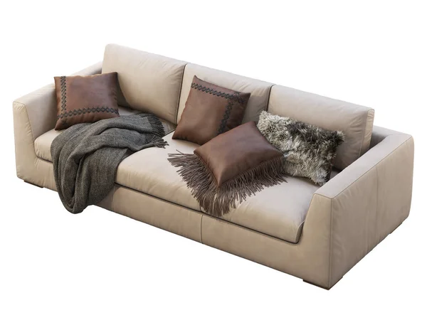 Chalet beige leather upholstery sofa with pillows and plaid. 3d render.