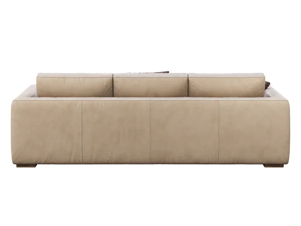 Chalet beige leather upholstery sofa with pillows and plaid. 3d render. — Stok fotoğraf